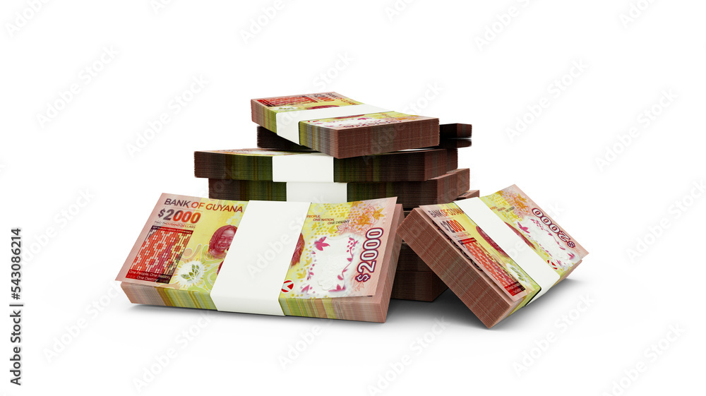 Poster 3d rendering of stack of guyanese dollar notes. currency notes of guyana isolated on white backgroun
