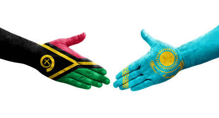 Handshake between Kazakhstan and Vanuatu flags painted on hands, isolated transparent image.