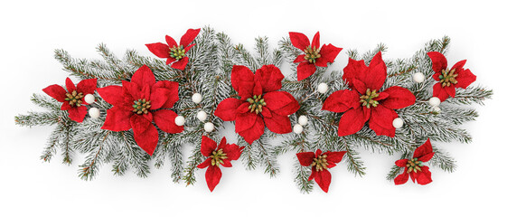 Merry Christmas wreath made of snowy fir branches and holiday red flowers on white background....
