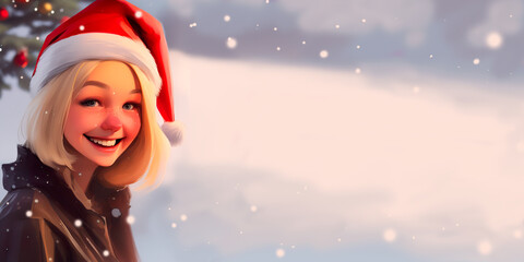 ilustración de mujer joven con gorro de Navidad en la nieve - invierno
