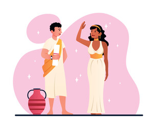 Roman citizens concept. Man and woman in ancient clothes with ornaments. History, traditions and culture. Poster or banner for site. Characters in white sheets. Cartoon flat vector illustration