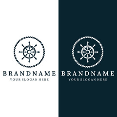 Cruise ship rudder logo template design with retro waves, ropes and anchors. Logo for business, sailors, sailing.