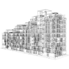 Modern Residential Building Vector. Constructions Of Lines Illustration Isolated On White Black Background. A vector illustration Of A Building Block.