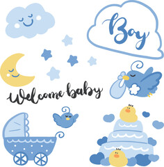 男の子赤ちゃんのベクターイラスト素材セット。手書きの雲、鳥、ケーキ。ベビーシャワー、カード、ポスター招待状に最適。
