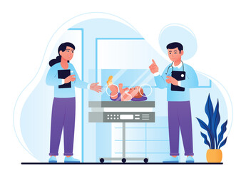 Hospital incubator box. Man and woman in medical coats look at small child behind glass. Medicine and patient care, diagnosis and treatment. Professionals at work. Cartoon flat vector illustration