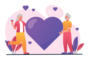 Grandparents in love. Grandfather and grandmother holding big purple heart. Greeting postcard design for valentines day or wedding anniversary. Poster or banner. Cartoon flat vector illustration