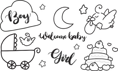 ベビーシャワー、子供部屋の装飾、可愛い手書きの雲、鳥、ケーキ。カード、ポスター招待状用ベクターイラストセット