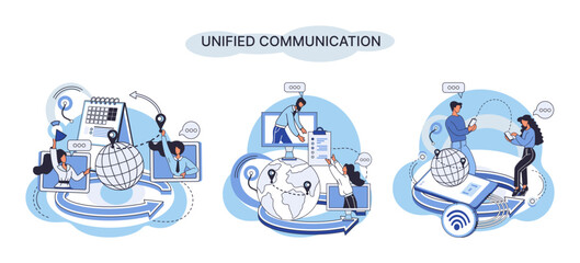 Unified communication metaphor. Social media creative idea. Online social network. Business interaction applications. Marketing time. Mobile computer gadgets for cooperations and information exchange