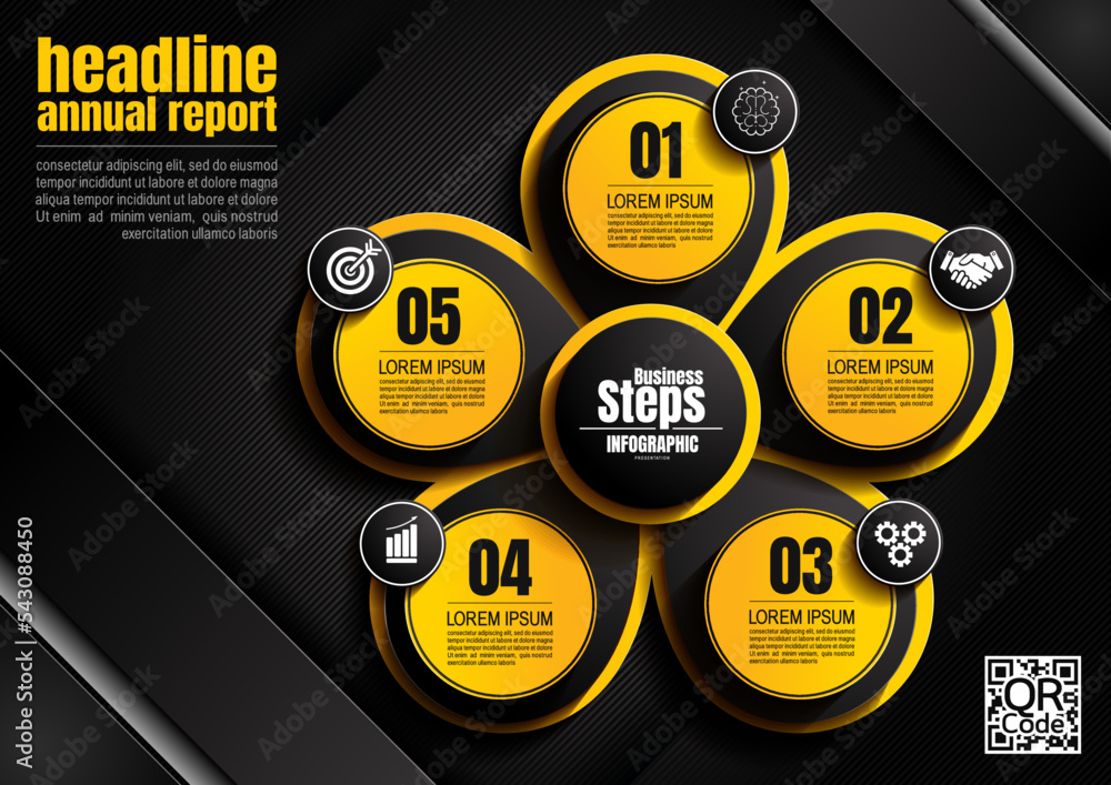 Poster infographics design, circle 5 process chart diagram template for presentation workflow, abstract tim