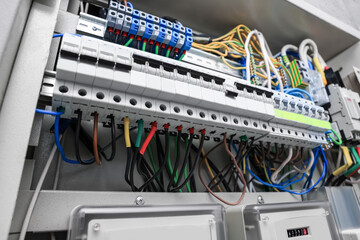 Panel with electric meters and many wires in fuse box