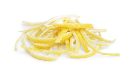 Pieces of fresh lemon peel on white background. Citrus zest