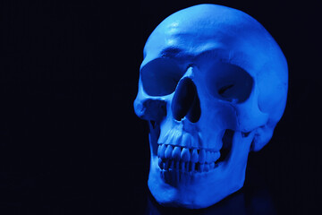 Blue human skull on black background, space for text