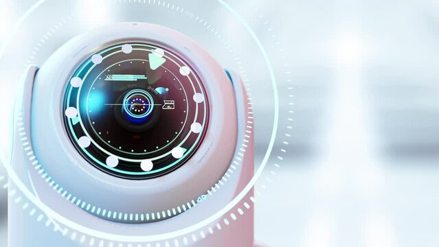 Futuristic security CCTV camera with Motion sensor. Scan the area for surveillance purposes. technology and innovation concept. Animation seamless loop and Alpha Channel, 3D Render.