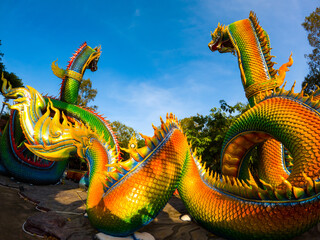 Colorful and Beautiful King of Nagas or Serpent at Phrathat Nong Bua Temple.Pagoda at Phrathat Nong...