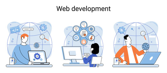 Web development metaphor, coding and programming responsive layout internet site or app of devices. Creation digital Software mobile, desktop platforms. Computer code, tablet, phone, digital business