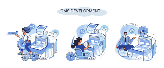 Digital content management system, CMS development software metaphor. Information system or computer program enable organize collaborative process of creating, editing and managing soft in network