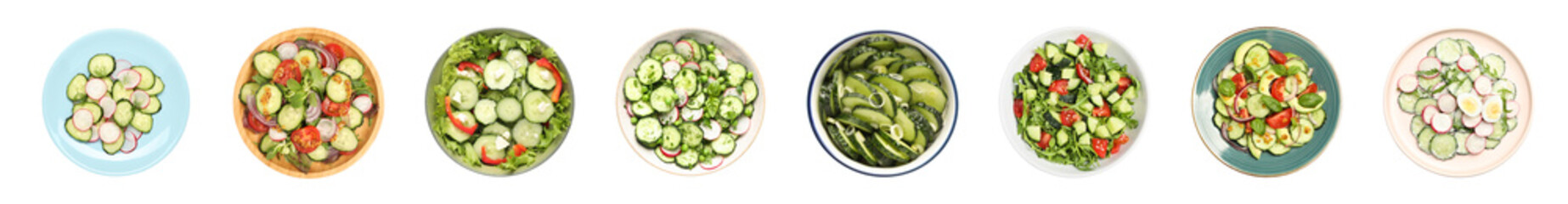 Set of delicious salad with cucumbers and different ingredients on white background, top view. Banner design