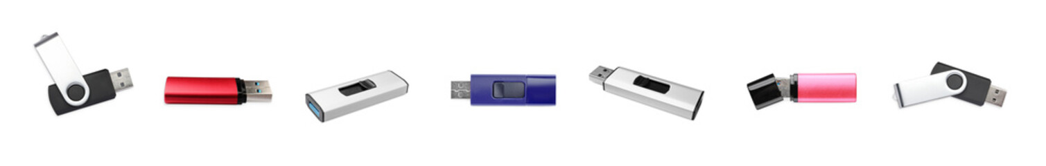 Set with modern usb flash drives on white background. Banner design