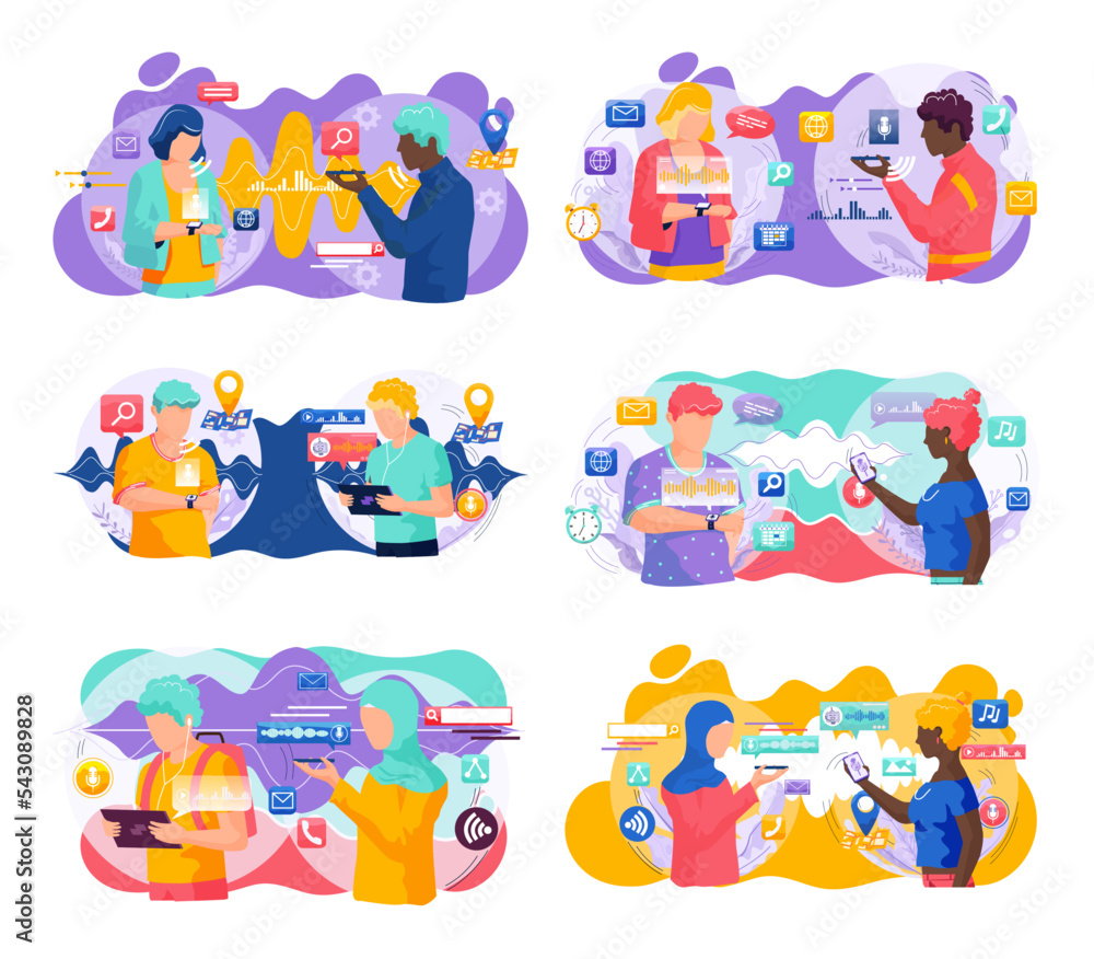 Poster voice assistant. smart speaker virtual assistant, sound robot, people using voice controlled smart s