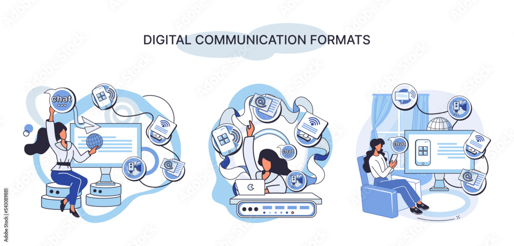 Poster digital communications formats. chat messages smartphone, sms on mobile phone screen, computer appli