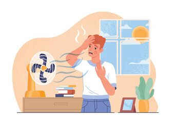 Summer heat concept. Man stands in apartment under fan, fleeing hot weather. Comfort and coziness in apartment. Poster or banner for website. Conditioning at home. Cartoon flat vector illustration