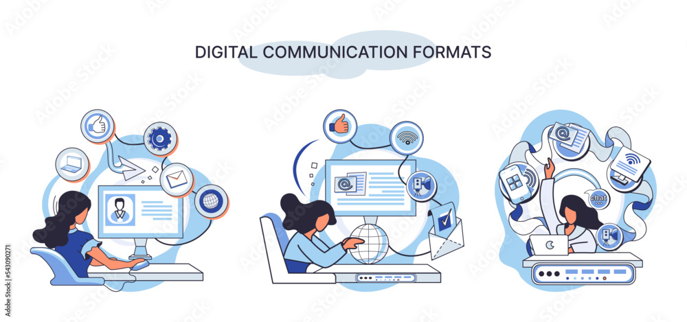 Poster digital communications formats. chat messages smartphone, sms on mobile phone screen, computer appli