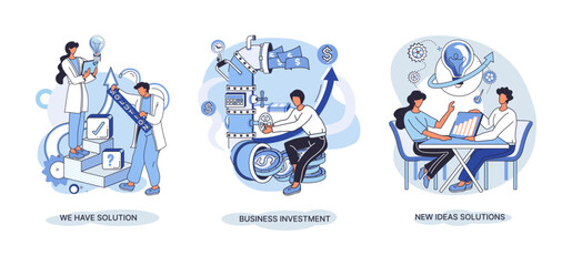 Fototapeta premium We have solution metaphor, business investment, new ideas solution scenes set. Teamwork and brainstorming. Team and new startup. Leadership and financial activities. Concept joint search for new ideas