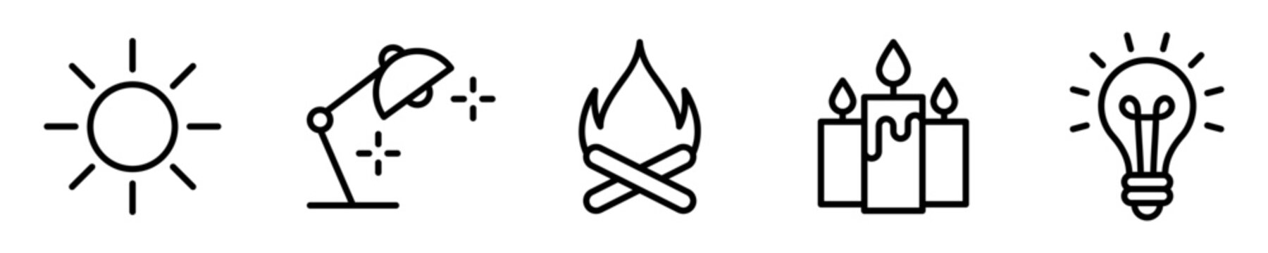 Conjunto de iconos de fuentes de luz. Concepto de iluminaci&oacute;n. L&aacute;mpara, fogata, sol, vela, bombilla. Ilustraci&oacute;n vectorial