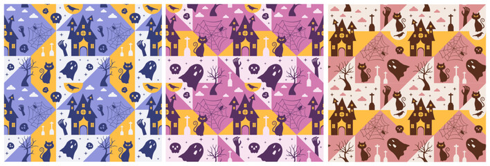 Set of Halloween Seamless Pattern Design With Witch, Haunted House, Pumpkins or Bats in Template Hand Drawn Cartoon Flat Illustration