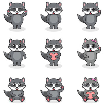 Vector illustration set of Raccoon cartoon. Bundle of cute Raccoon set. Set of animals. Cartoon and vector isolated characters. A collection of animals in the children's style.