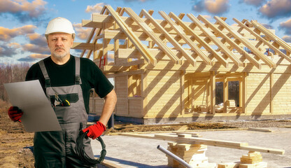 Design engineer. Man near wooden framed house. Engineer with documentation and electric wire. Man...