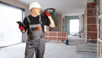 Electrical engineer. Man with wire and electronic tablet. Electrical engineer in building under...