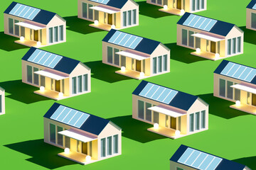 Solar panels on houses. Texture of cottages on lawn. Cottages with solar panels. Texture with efficient houses. Concept of sale of solar panels. Model of residential ECO houses. 3d rendering. - obrazy, fototapety, plakaty
