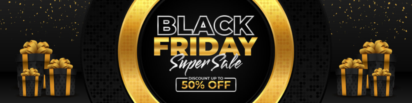 Black Friday Super Sale Promotion background for business retail promotion, banner, poster, social media, feed, story, web. Vector illustration. Black and gold