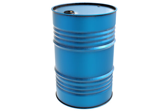 Barrel for chemical products. Blue plastic barrel. Metal barrel isolated on white. Cylindrical chemical container. Container for chemical production. Cask for oil transportation. 3d rendering.
