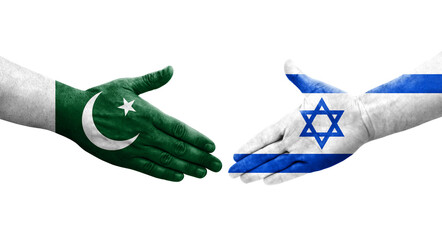 Handshake between Israel and Pakistan flags painted on hands, isolated transparent image.