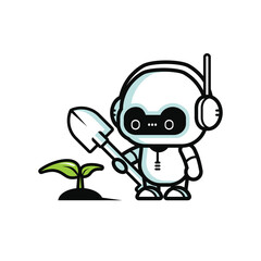 Illustration of little gardener robot.