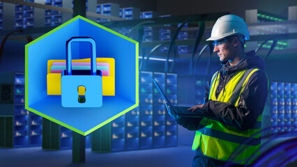 Data Security Engineer. Man with laptop in server room. Cyber specialist sets up server. Lock symbolizes security of data center. Ensuring safety of server storage. Man developing security software