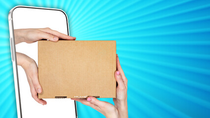 Delivery service app. Hands with box. Cardboard parcel from delivery service. Box on blue. Smartphone courier service app concept. Metaphor for calling courier through app. Online delivery order