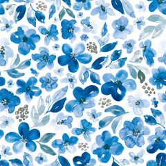 Watercolor floral in azure and grey. Seamless botanical pattern. © Anya D