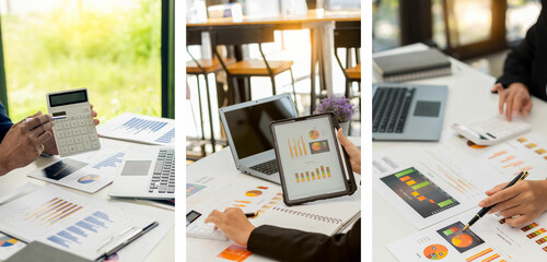 Discussion of reports displayed in charts and graphs. analyze financial statistics Take part in the overview brainstorming business people review analyze serious financial reports