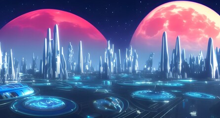 Futuristic space city with red moon