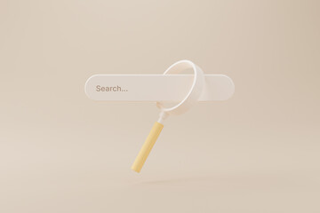 Search bar and magnifying glass on background. Searching information data on internet networking concept. 3d rendering illustration - obrazy, fototapety, plakaty