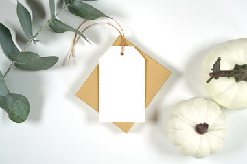 Fall Thanksgiving Dinner Product Mockup. Blank git tag, favor tag mock up styled with white...