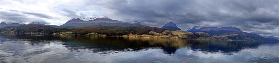 Panorama of mountains along the Beagle Channel, outside of Ushuaia, Argentina