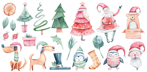 Watercolor cute hand painted Christmas kids clipart for greeting stickers, patterns, cards, poster, prints, sublimation.  Winter illustration set on white background. Happy New year. Merry Christmas 