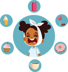 Sweet Foods and Drinks Harming the Teeth Vector Cartoon Illustration. Little girl suffering from toothache after having unhealthy sugary products
