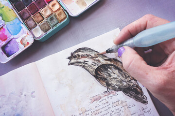 Hand with a water pen and watercolor palette painting a Tawny Frogmouth bird in an art journal...