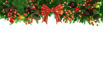 3D Illustration , 3d rendering . Christmas decoration isolated. holiday border, frame. Red holly berry on pine tree branches. For celebration banners, headers, posters.
