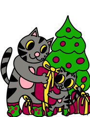 Cat mom and cat son with christmas gifts